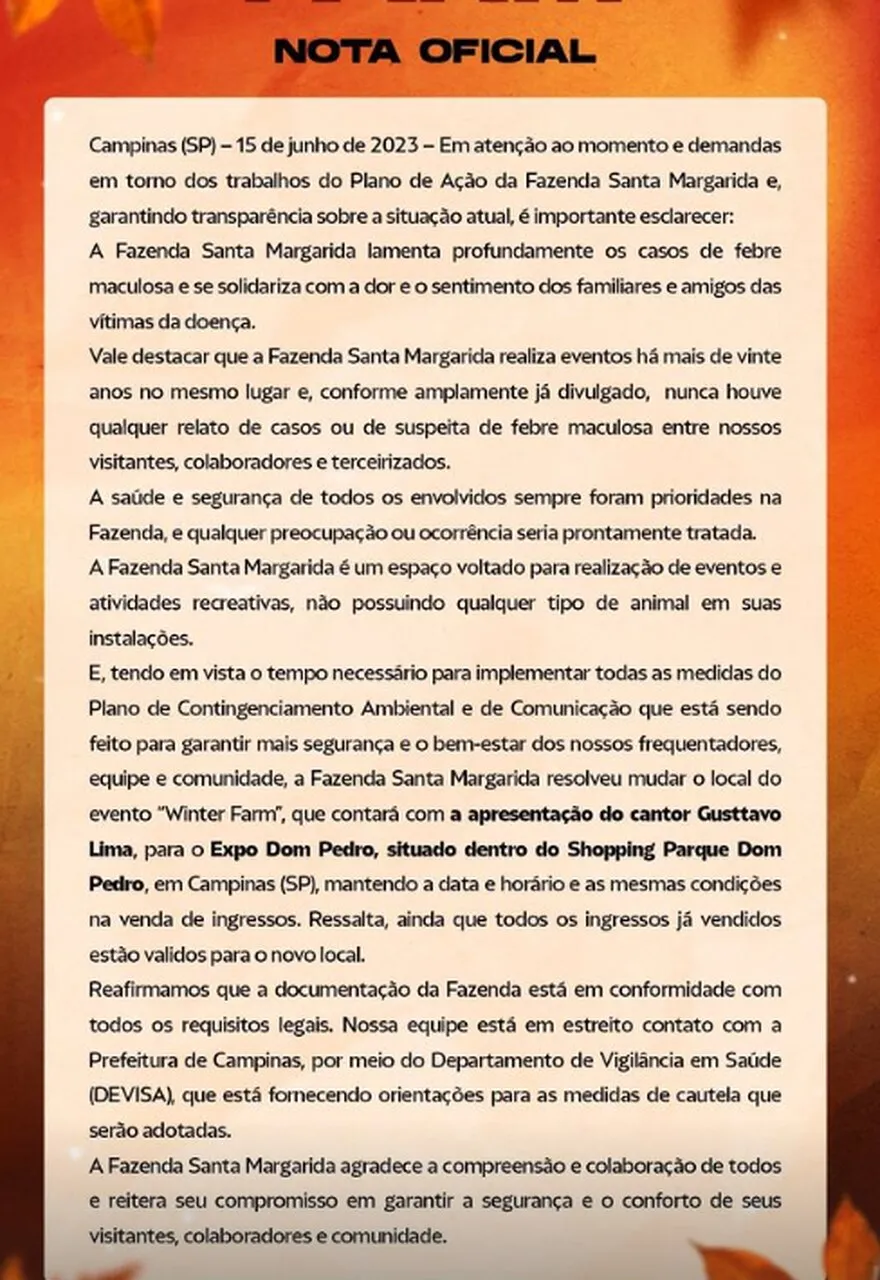 Fazenda Santa Margarida transferiu show de Gusttavo Lima após surto de febre maculosa no local