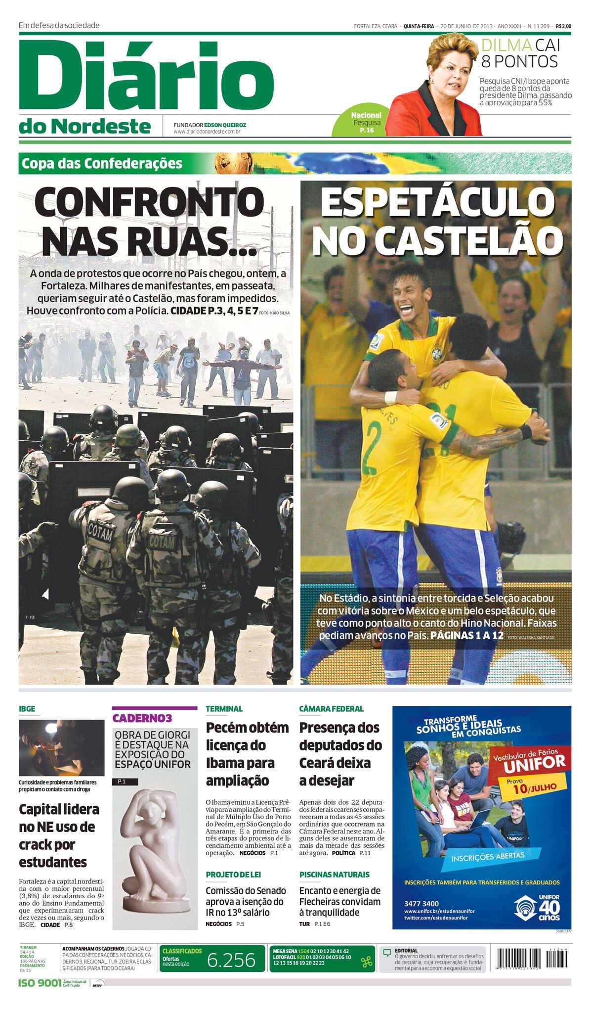 Capa do Diário do Nordeste do dia 20 de junho de 2013