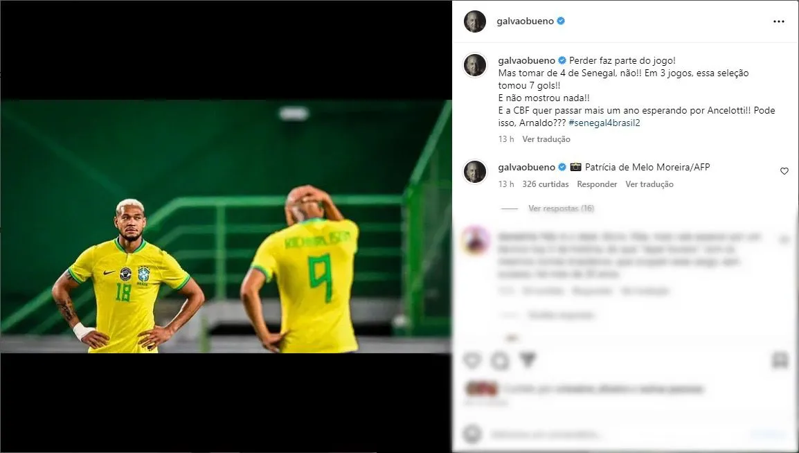 Galvão critica espera por Ancelotti e lamenta derrota do Brasil em amistoso: 'Não mostrou nada'