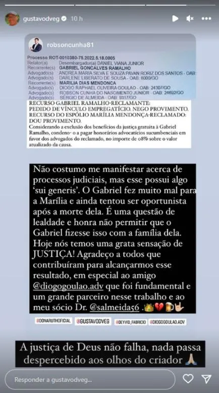 João Gustavo, irmão de Marília Mendonça, repostou a mensagem inicial do advogado da cantora