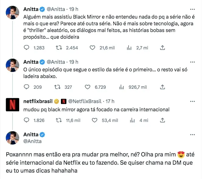 Anitta interagiu com perfil da Netflix no Twitter