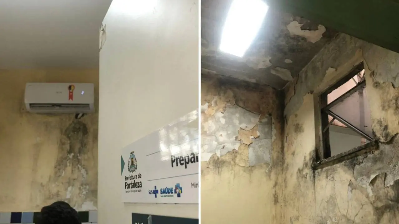 Montagem mostra manchas de mofo em salas interditadas por Coren-CE no Posto de Saúde Irmã Hercília Aragão, em 27 de junho de 2023, na cidade de Fortaleza