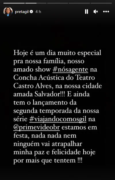Preta Gil fez desabafo em seu perfil no Instagram