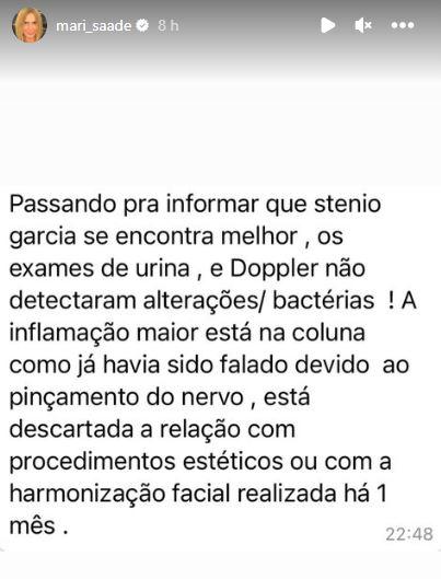 post de mari saade com estado de saúde de stenio garcia