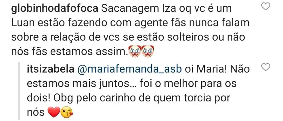 Izabela respondeu a seguidor