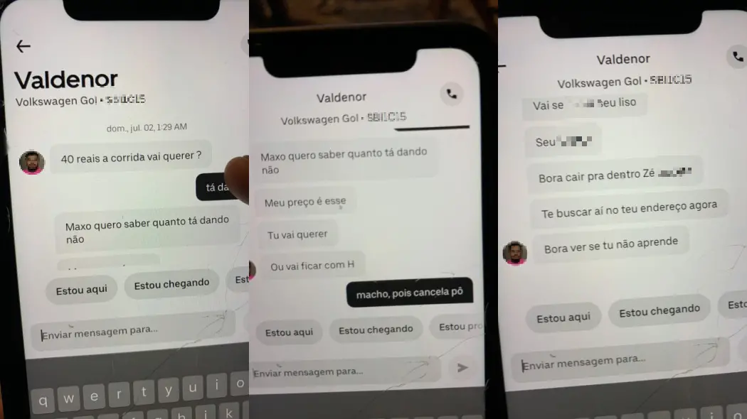 print de motorista ameaçando e xingando passageiro