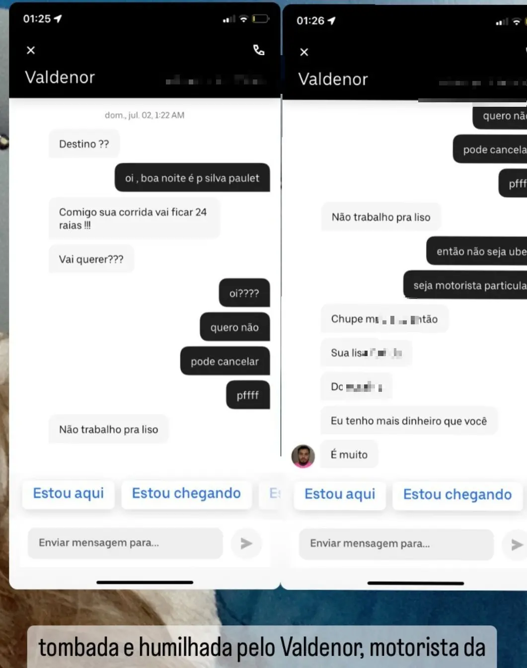 print de motorista xingando passageira que se recusou pagar preço abusivo na uber
