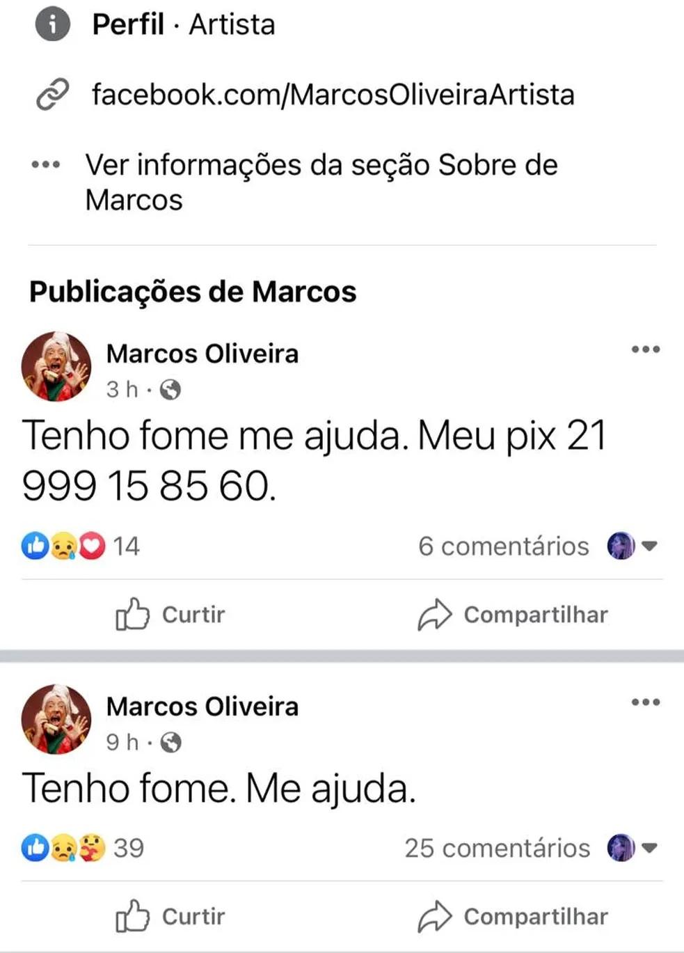 Marcos Oliveira pede ajuda no Facebook