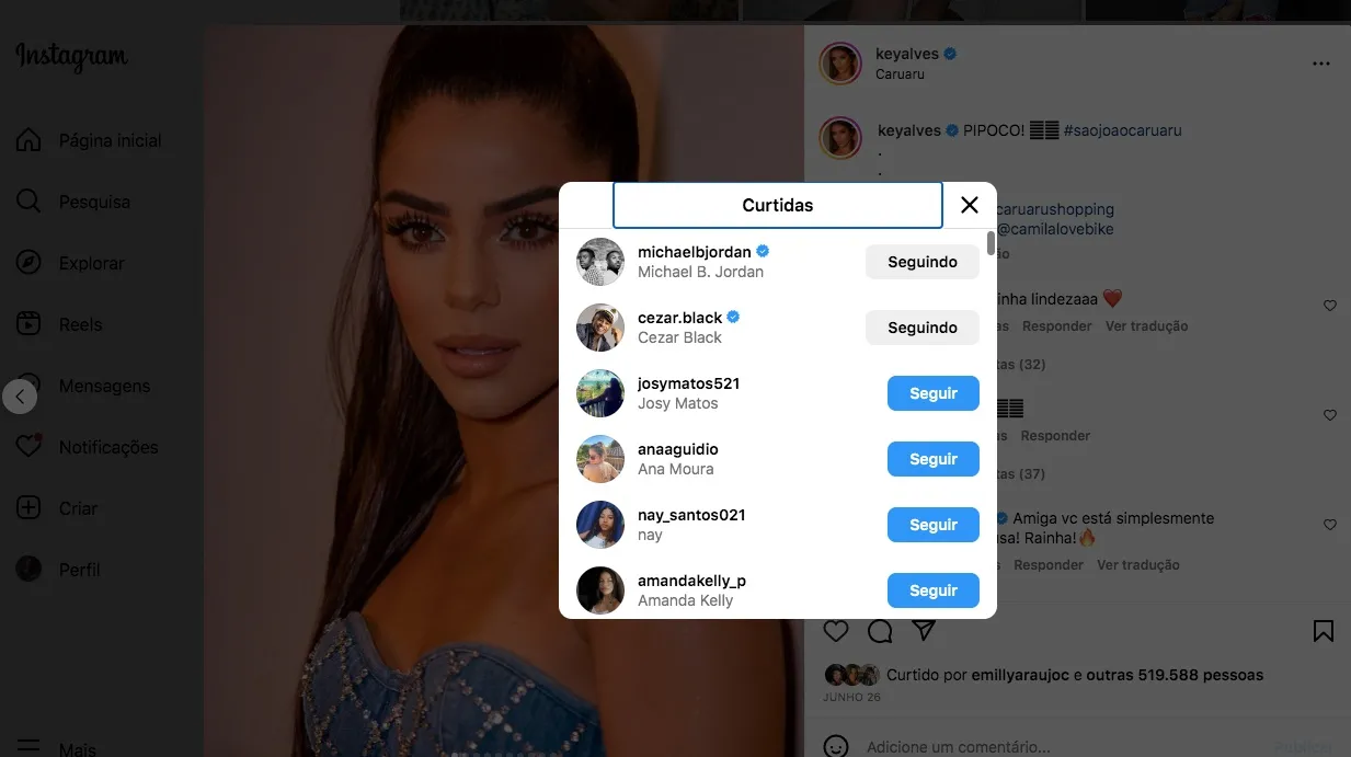 Curtida em foto foi reparada por seguidores de Key Alves
