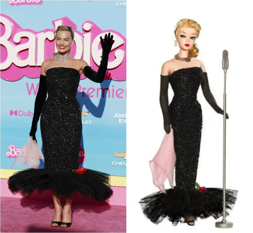 montagem com foto de margot robbie ao lado de boneca barbie