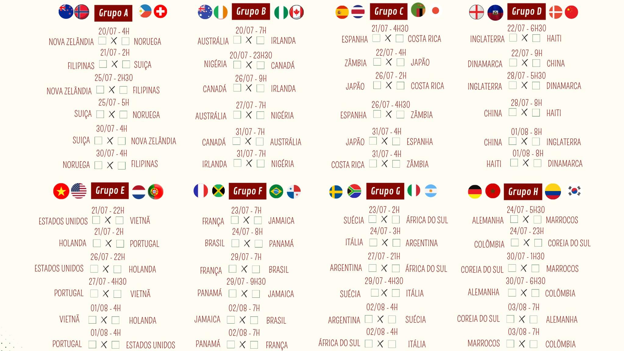 GRUPO F, do Brasil na Copa do Mundo Feminina 2023: tabela, classificação,  datas e horários dos jogos - Lance!