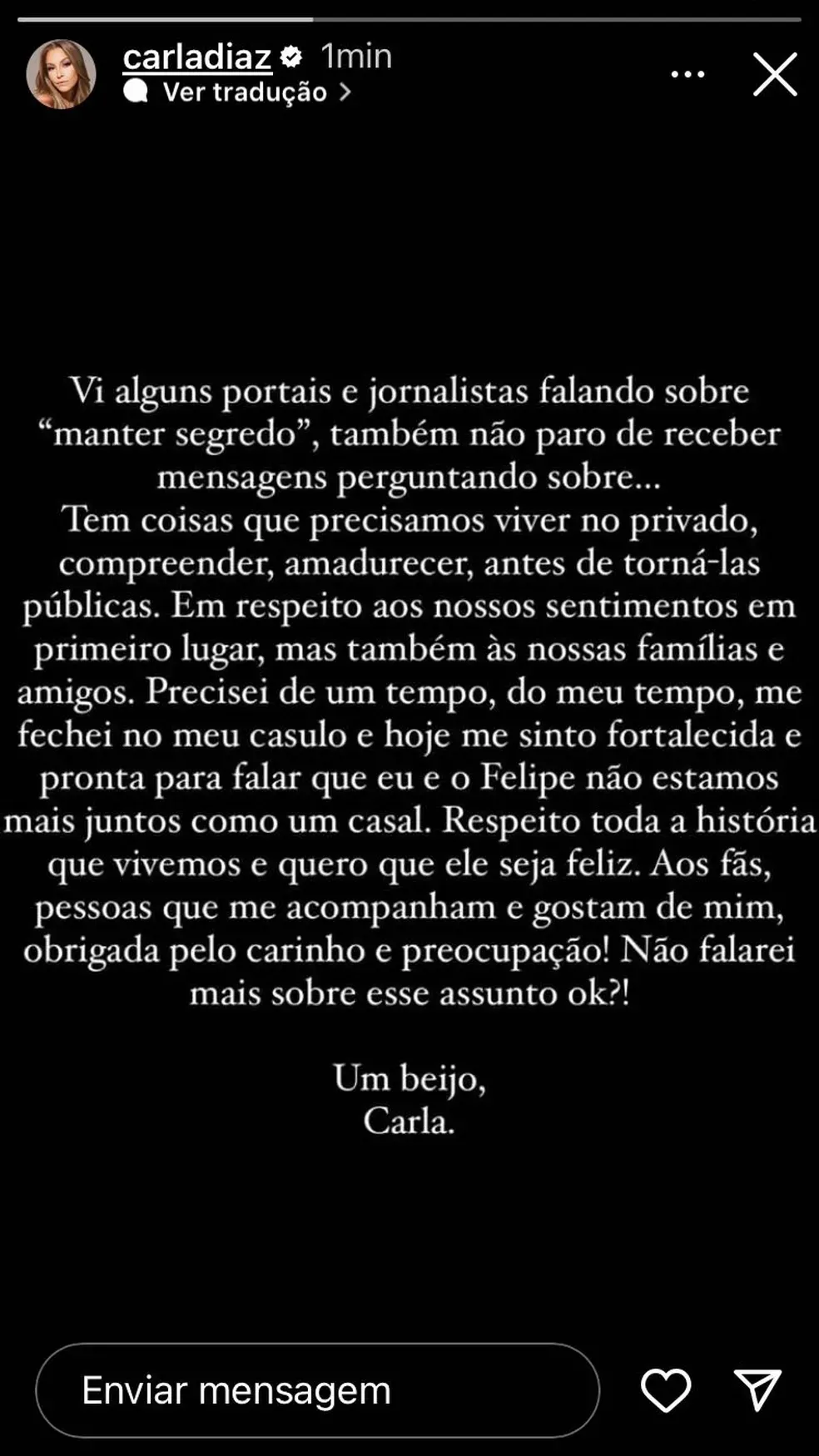 Pelos storys, atriz disse respeitar história que viveu com Felipe e desejar felicidade ao ex-noivo