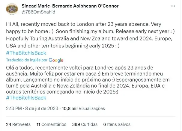 Tuíte de Sinéad O'Connor