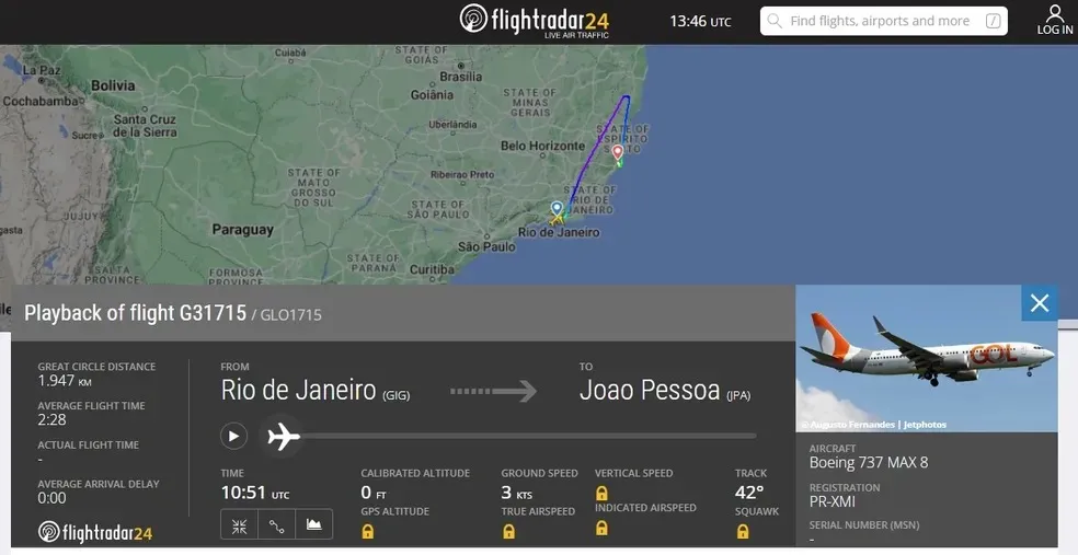 O destino do voo era João Pessoa