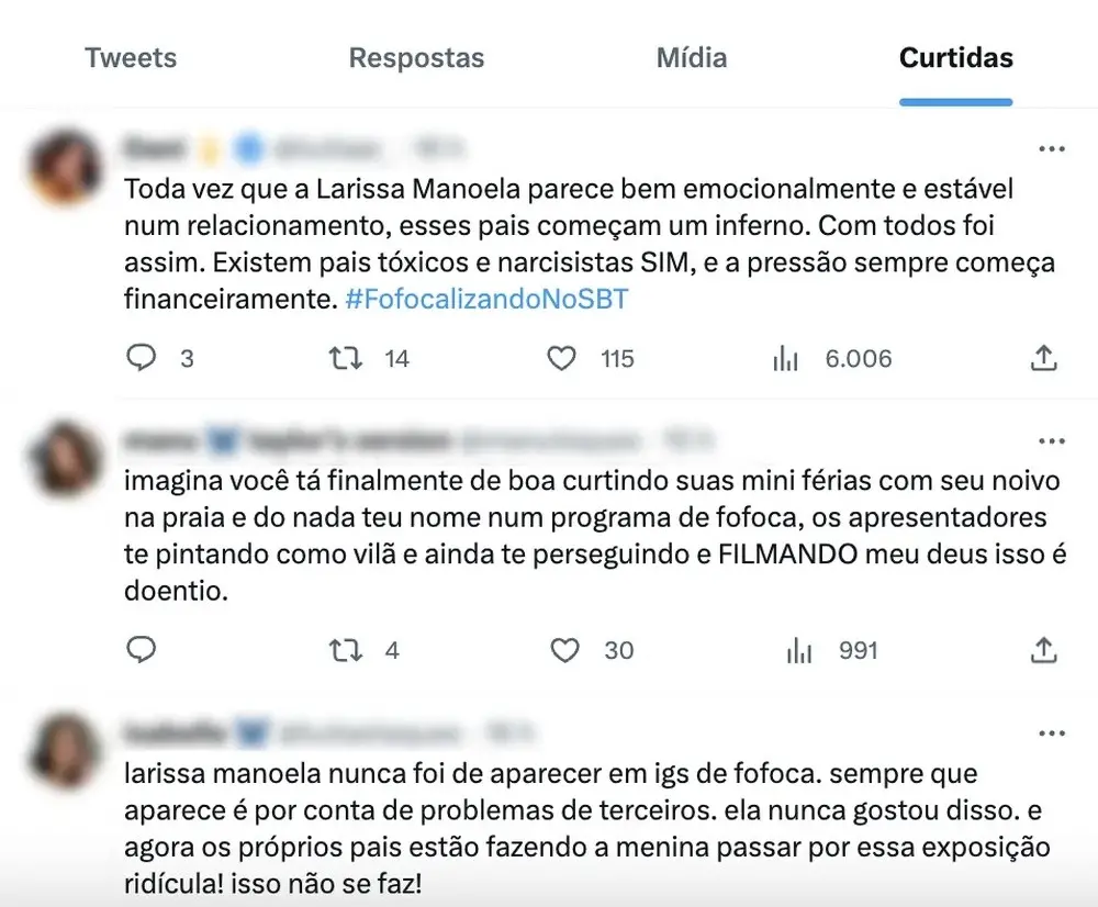 Perfil de Larissa Manoela no X curti posts que falam sobre seus pais serem tóxicos e narcisistas