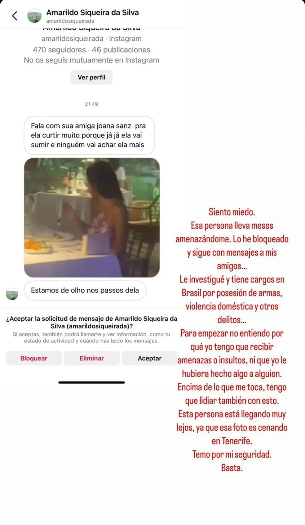 Joana compartilhou o print de uma mensagem que o homem mandou a uma amiga