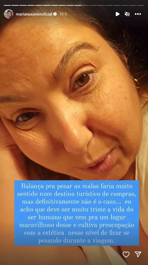 A atriz mencionou, e comentou, uma das justificativas que deram para a importância de uma balança no quarto de hotel