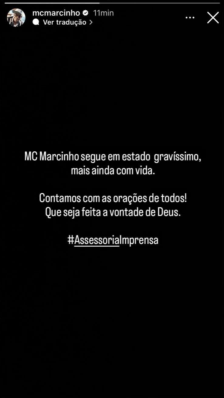 Equipe do cantor atualizou estado de saúde nas redes sociais, às 17h23