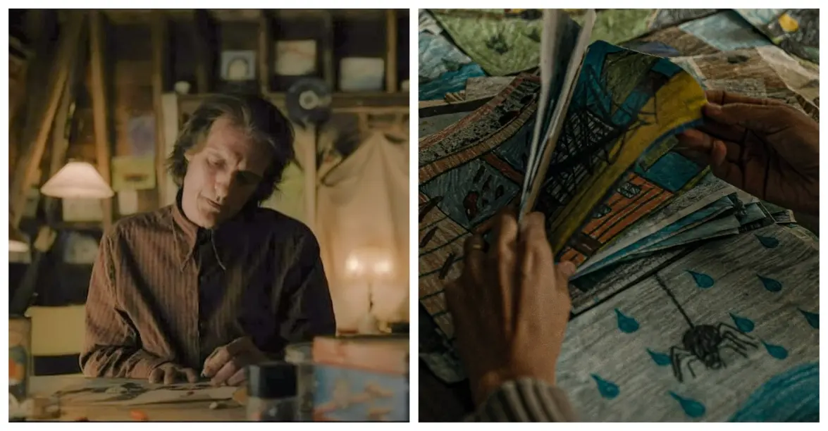 UHomem caminha virado para a parede de uma caverna onde estão pintados vários símbolos