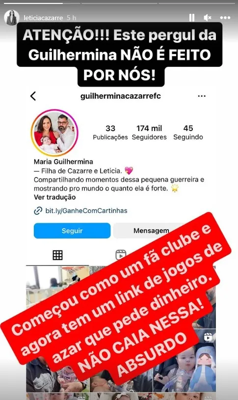 Letícia Cazarré alerta para tentativa de golpe em perfil criado em nome da filha