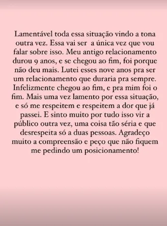 Sunaika Bruna se pronunciou sobre o assunto em postagem no Instagram