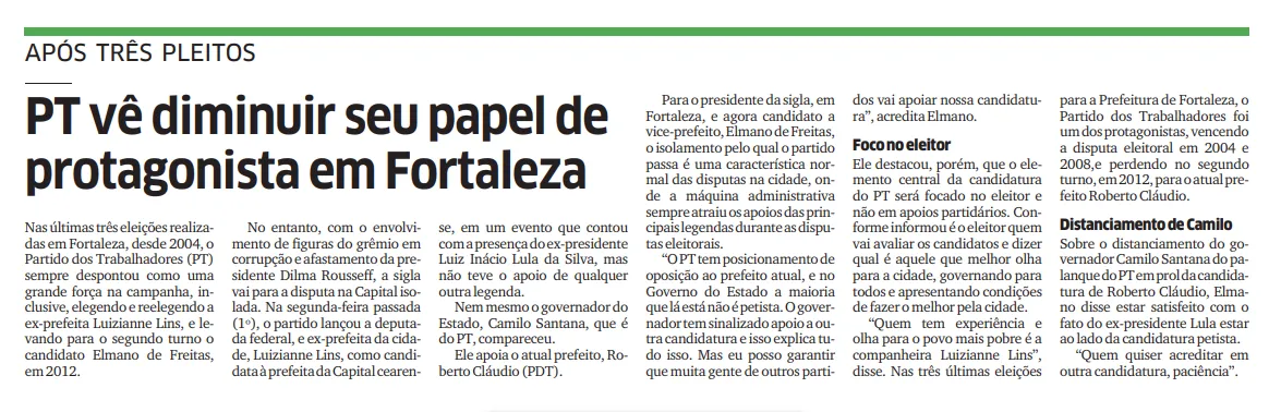 Reportagem do Diário do Nordeste no dia 8 de agosto de 2016