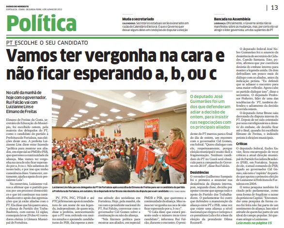 Candidatura de Elmano de Freitas concorreu apenas com a de Artur Bruno, conta reportagem do dia 4 de junho de 2012