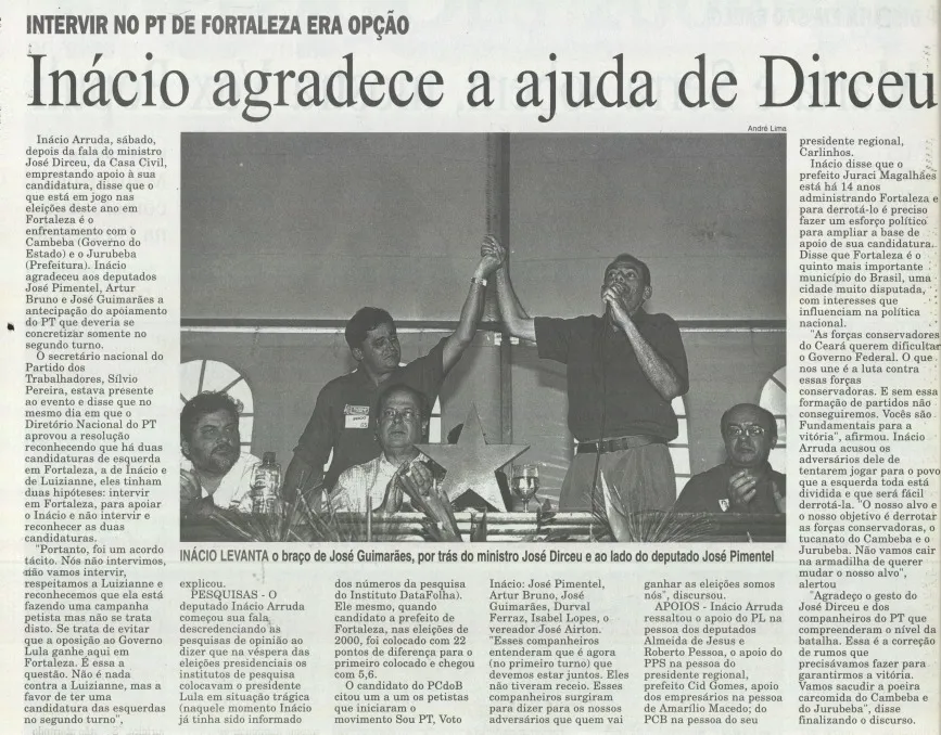 Reportagem do dia 6 de setembro de 2004 fala de apoio de ala do PT a candidatura de Inácio Arruda