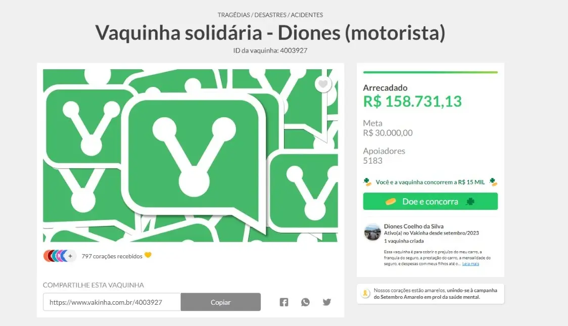 Vaquinha para motorista que atropelou Kayky Brito