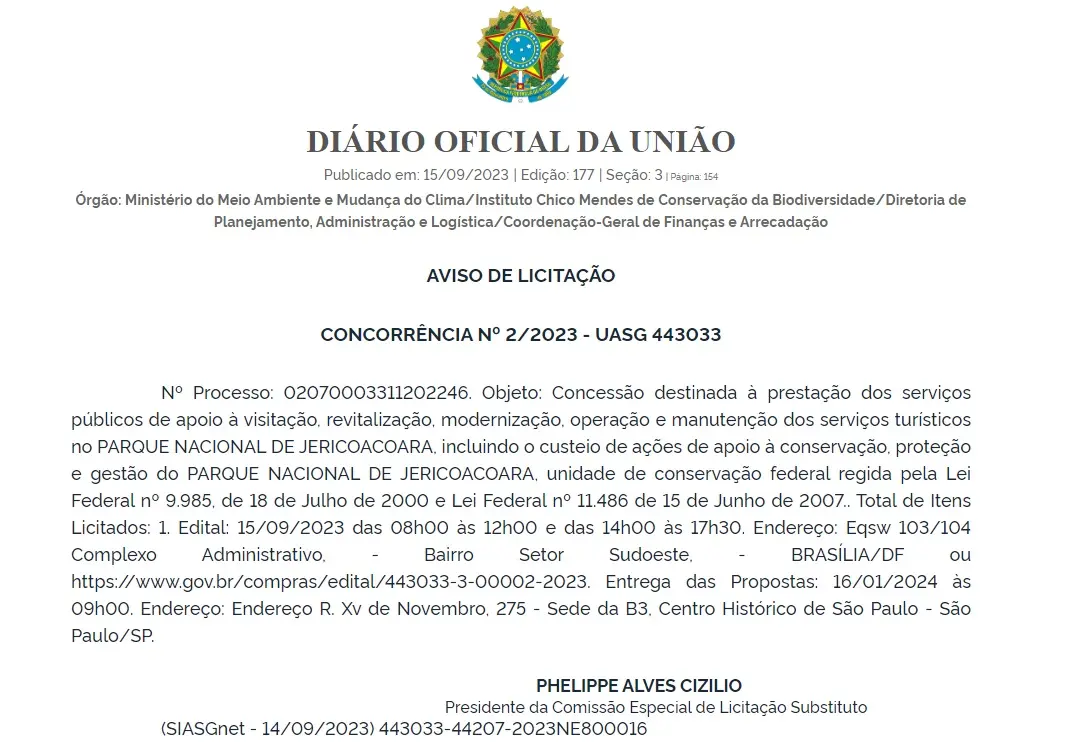 Aviso de licitação do parque nacional de jericoacoara