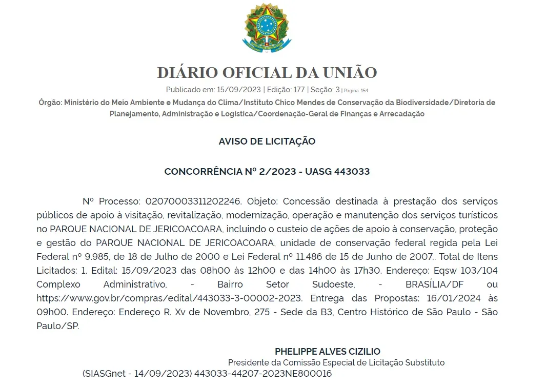 Aviso de licitação foi publicado no Diário Oficial desta sexta-feira (15).