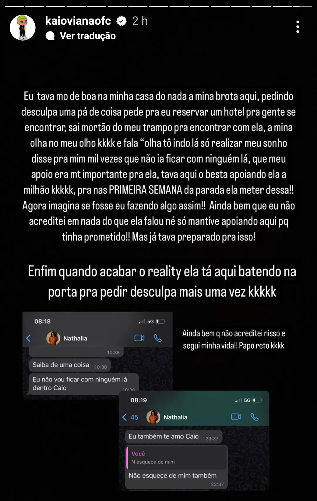 Print de conversa entre Nathalia Valente e Kaio Viana