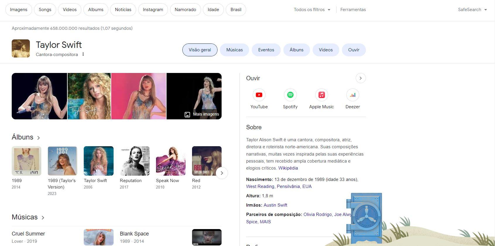 Print da página de pesquisa da cantora Taylor Swift no Google