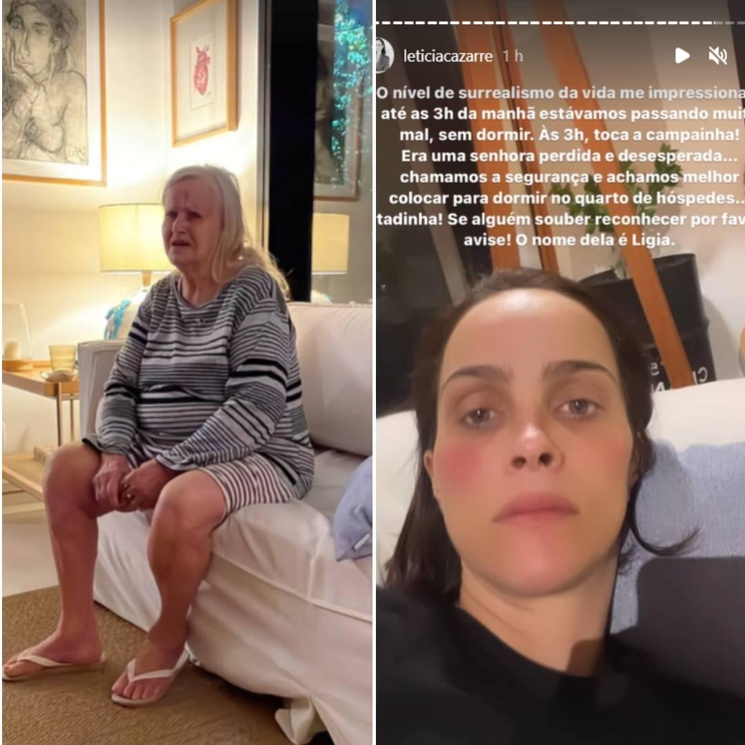 Em Stories do Instagram, Letícia Cazarré conta que idosa perdida tocou campainha da casa dela e de Juliano Cazarré na madrugada de 29 de setembro de 2023. Casal acolheu senhora e pediu ajuda para identificar familiares dela