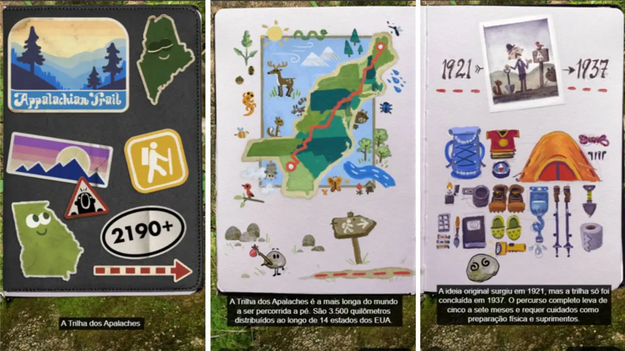 Imagens de apresentação interativa sobre curiosidades da Trilha dos Apalaches, homenageada pelo Doodle do Google em 2 de outubro de 2023