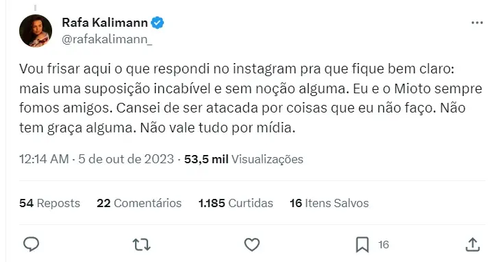 Print do tweet da atriz Rafa Kalimann