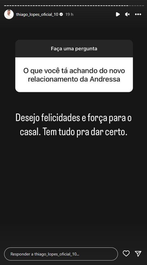 Print dos Stories de Thiago Lopes, ex-marido de Andressa Urach