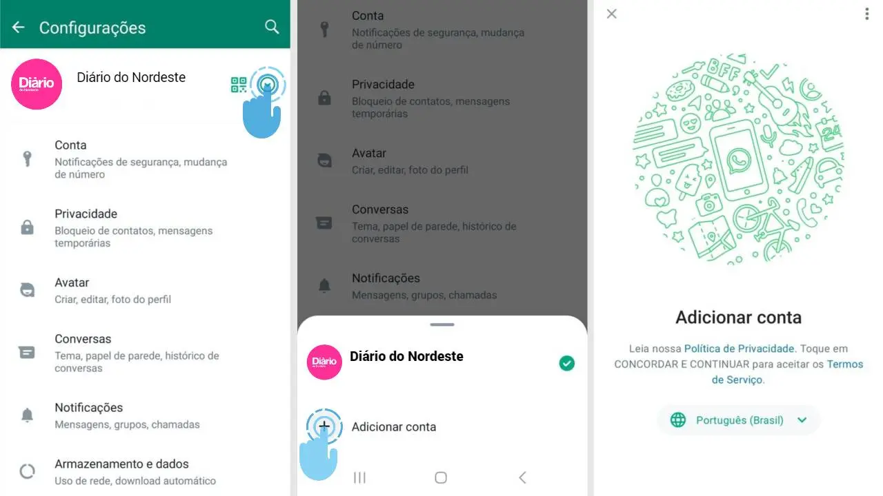 Montagem mostra tutorial para adicionar segunda conta ao WhatsApp. WhatsApp libera recurso que permite duas contas no mesmo celular; veja passo a passo