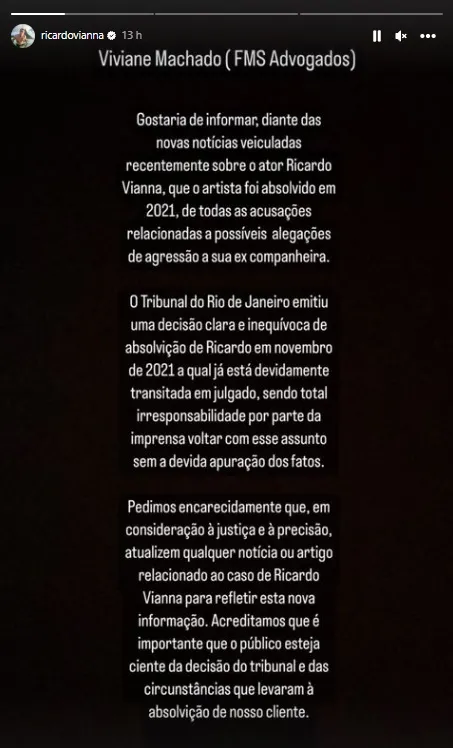 Posicionamento da defesa foi compartilhado no Instagram do ator