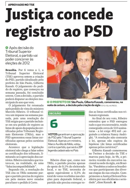 Registro feito pelo Diário do Nordeste, em 28 de setembro de 2011, sobre a concessão do registro ao PSD pelo TSE.