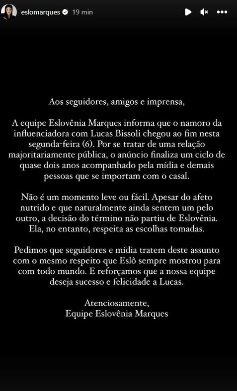 Equipe de Eslovênia comunicou o término nas redes sociais