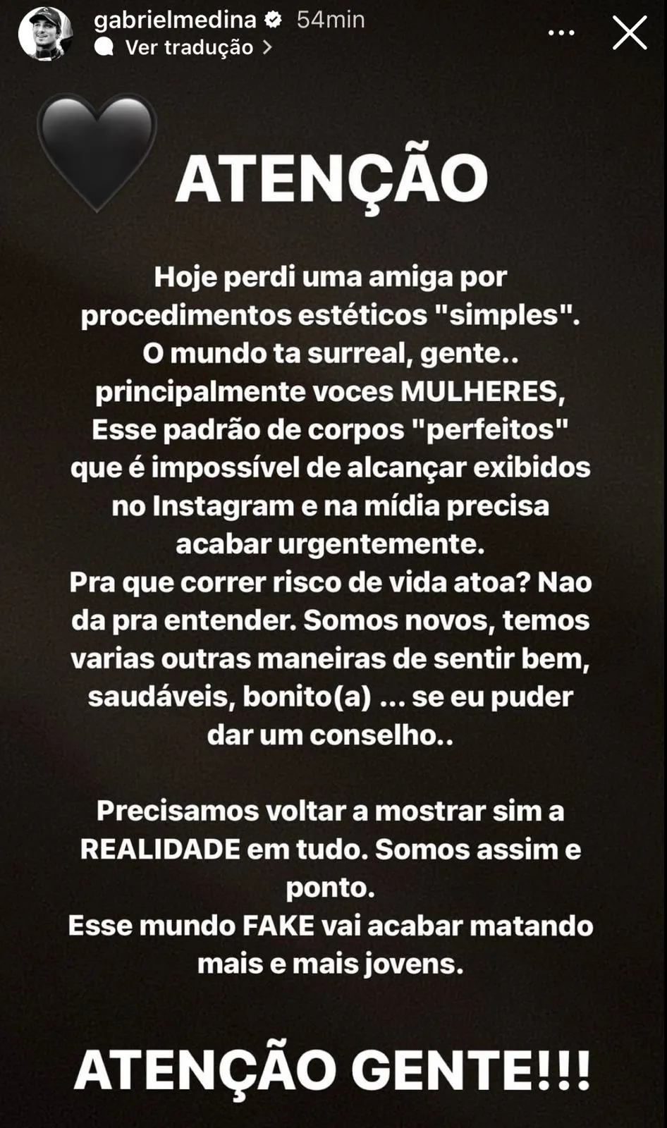 Publicação de Gabriel Medina sobre morte da influenciadora Luana Andrade