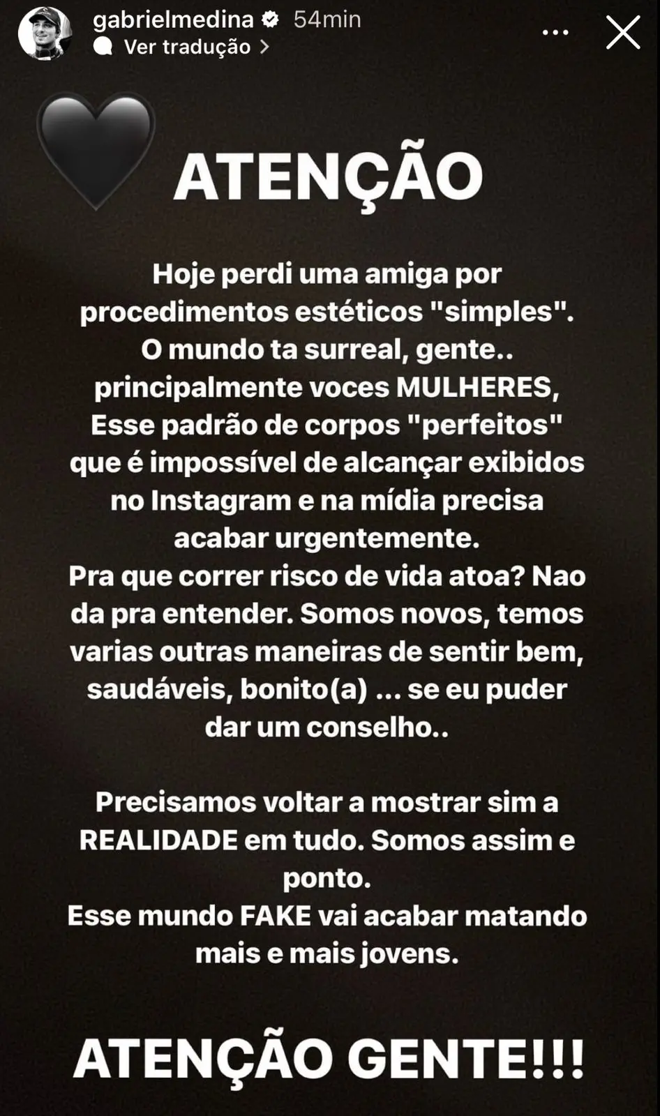 postagem de Gabriel Medina sobre morte da influenciadora Luana Andrade