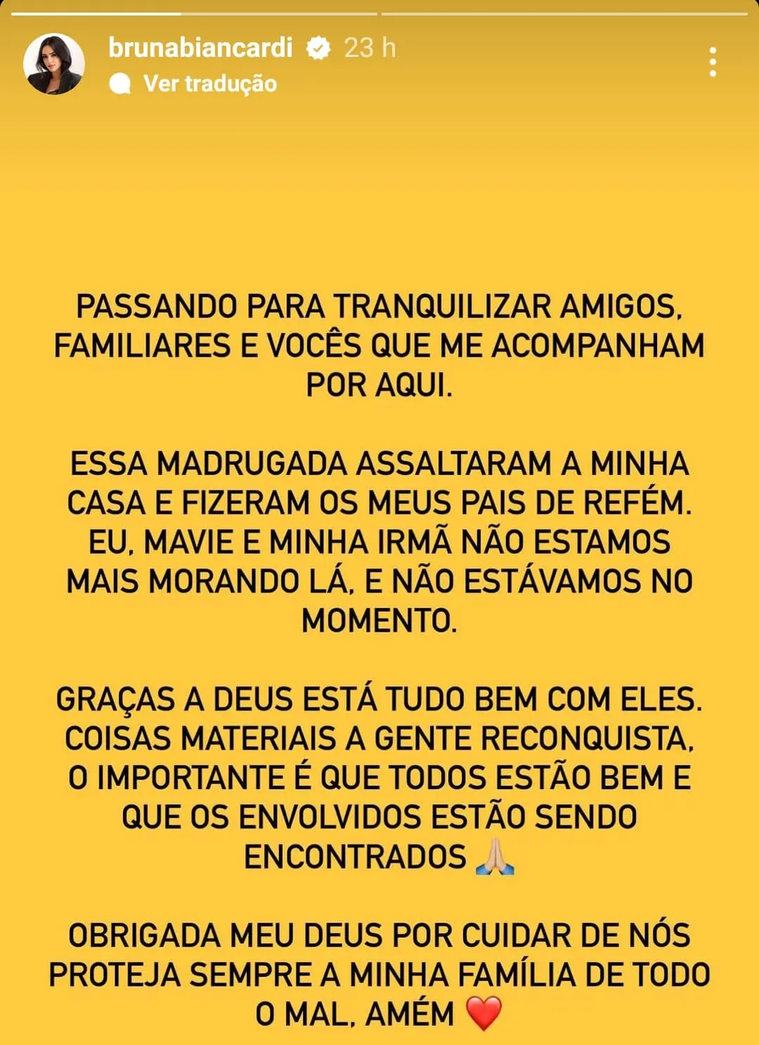 Pronunciamento de Bruna Biancardi sobre assalto