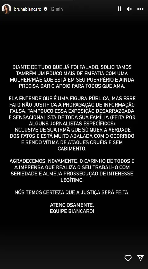 Comunicado de Bruna Biancardi sobre assalto