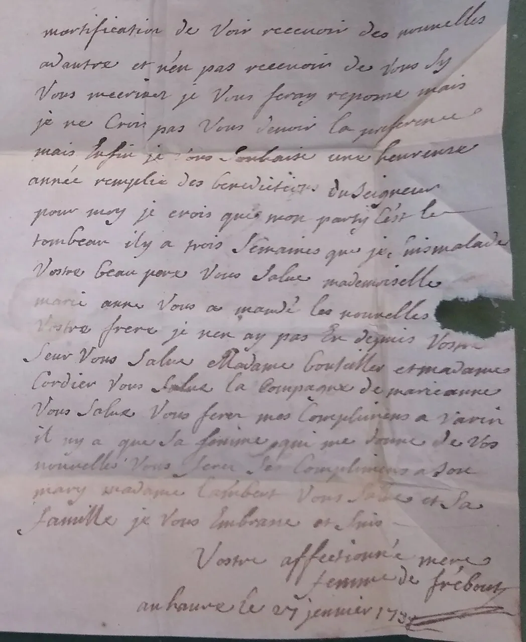 A ultima página da carta que Marguerite escreveu ao seu filho Nicolas Quesnel, em janeiro de 1758