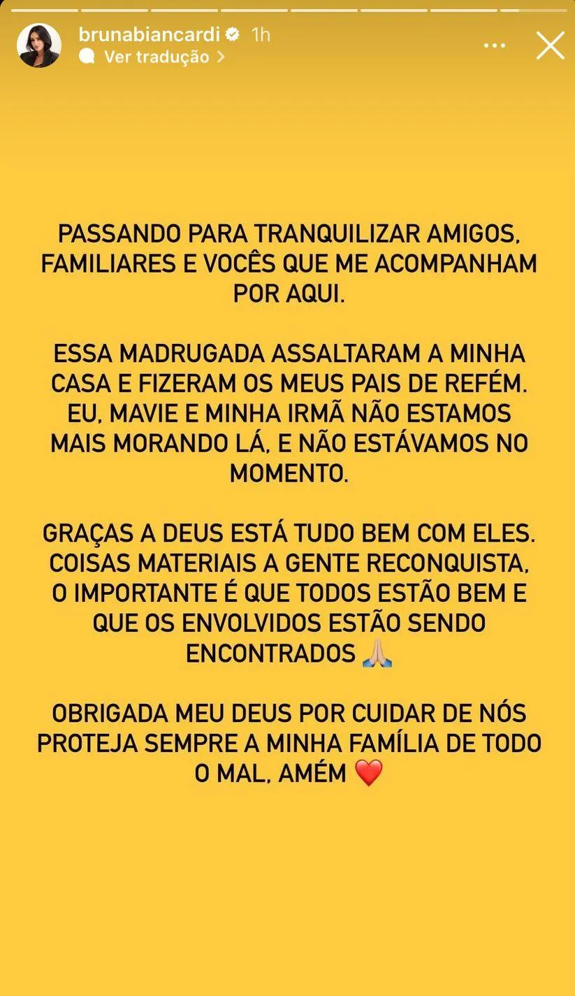 O pronunciamento da influenciadora Bruna Biancardi, mãe de Mavie, foi feito nas redes sociais
