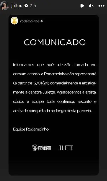 Print do comunicado da empresa e Juliette