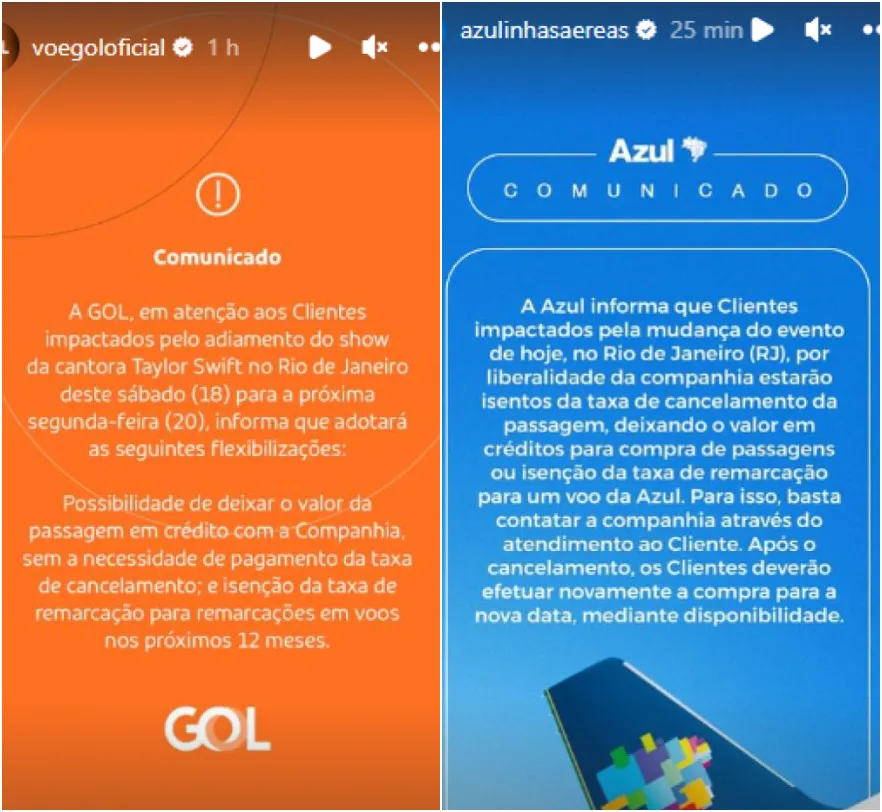 Azul e Gol anunciaram políticas de remarcação no Instagram