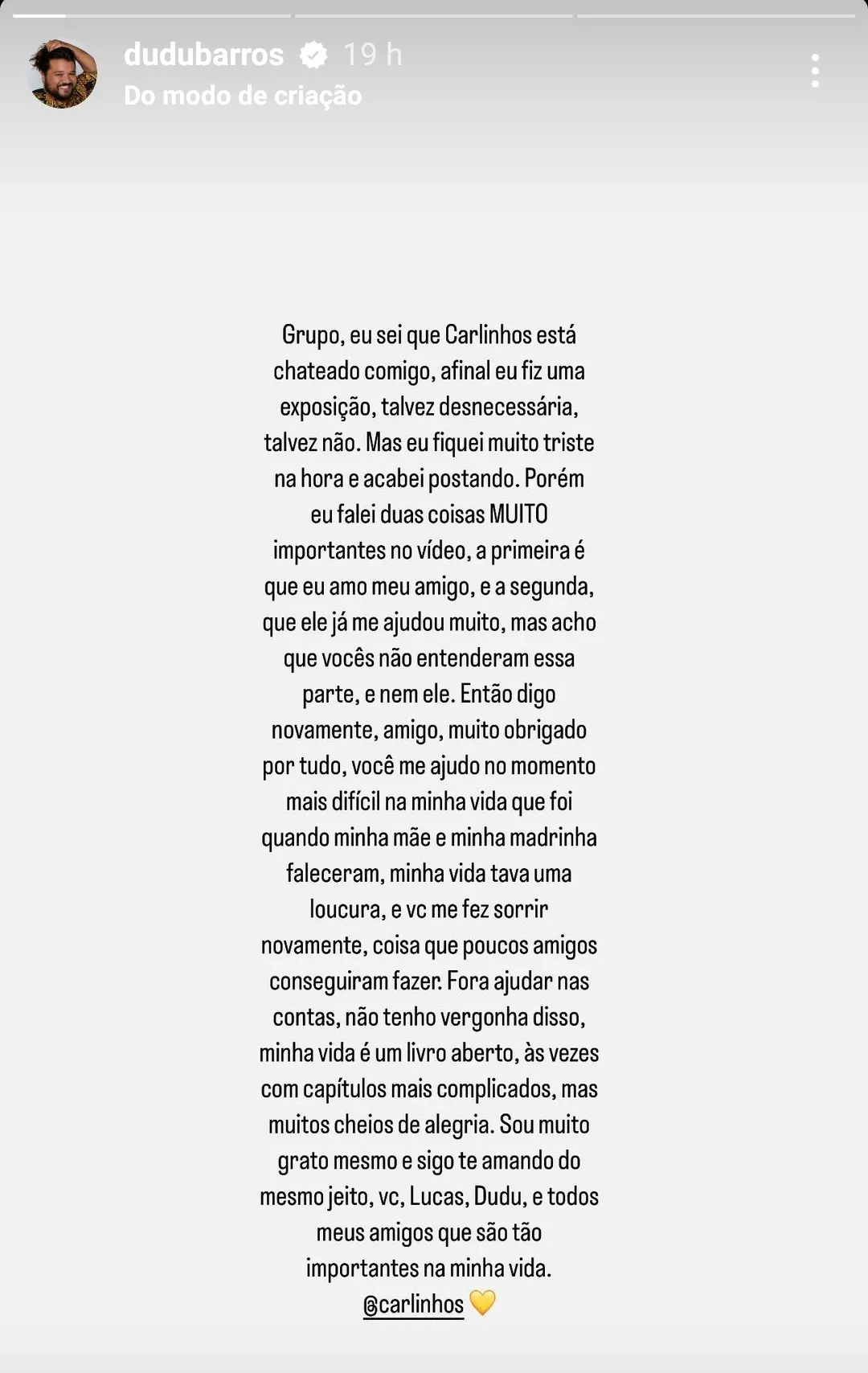 Pronunciamento de Dudu Barros sobre briga com Carlinhos Maia